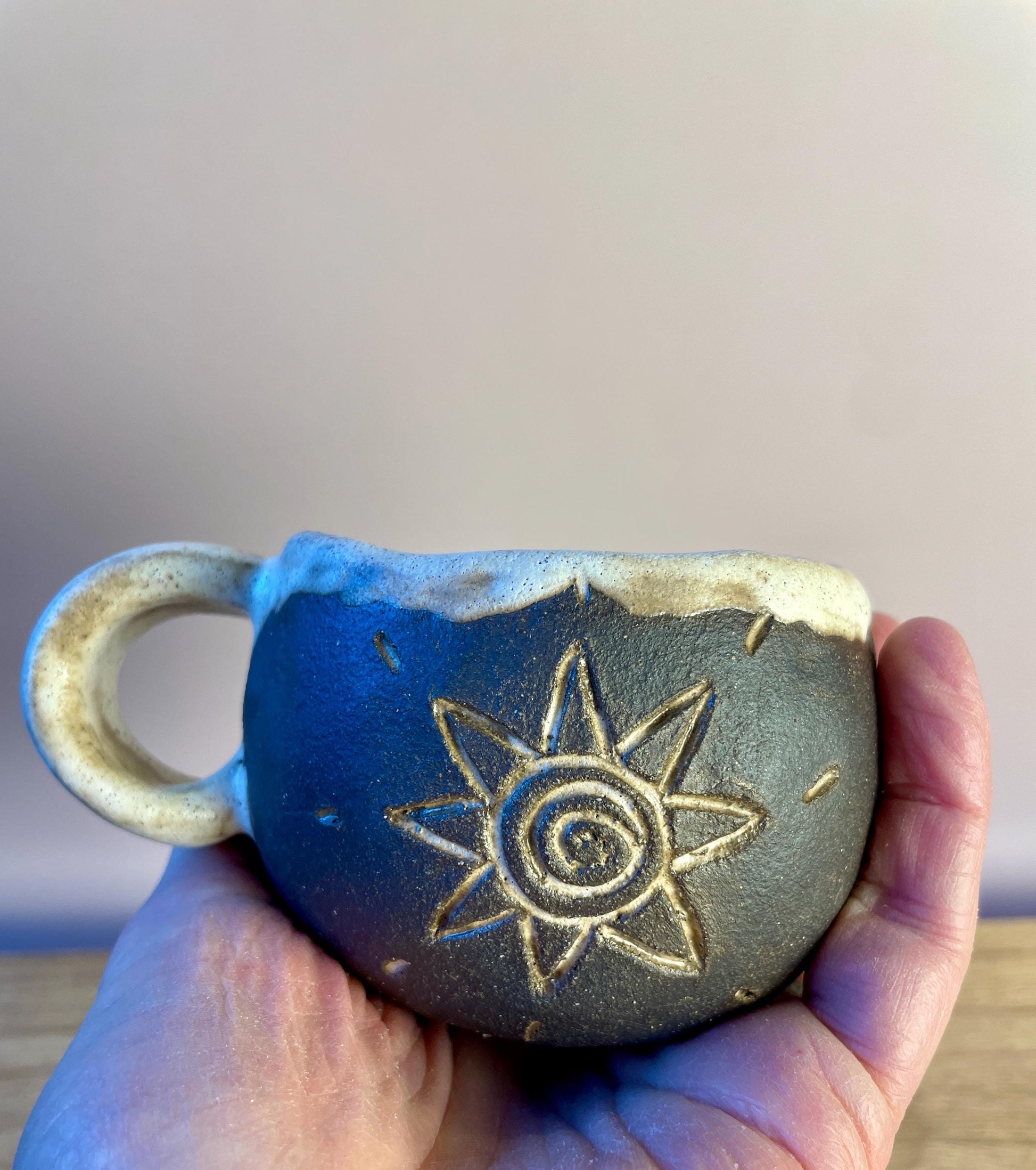 Ritual Cycle Mug • Hand-Pinched Ceramic Cup • Sun Spiral Moon Symbols • Dark Clay & Oatmeal Glaze • 6 oz Handmade Pott