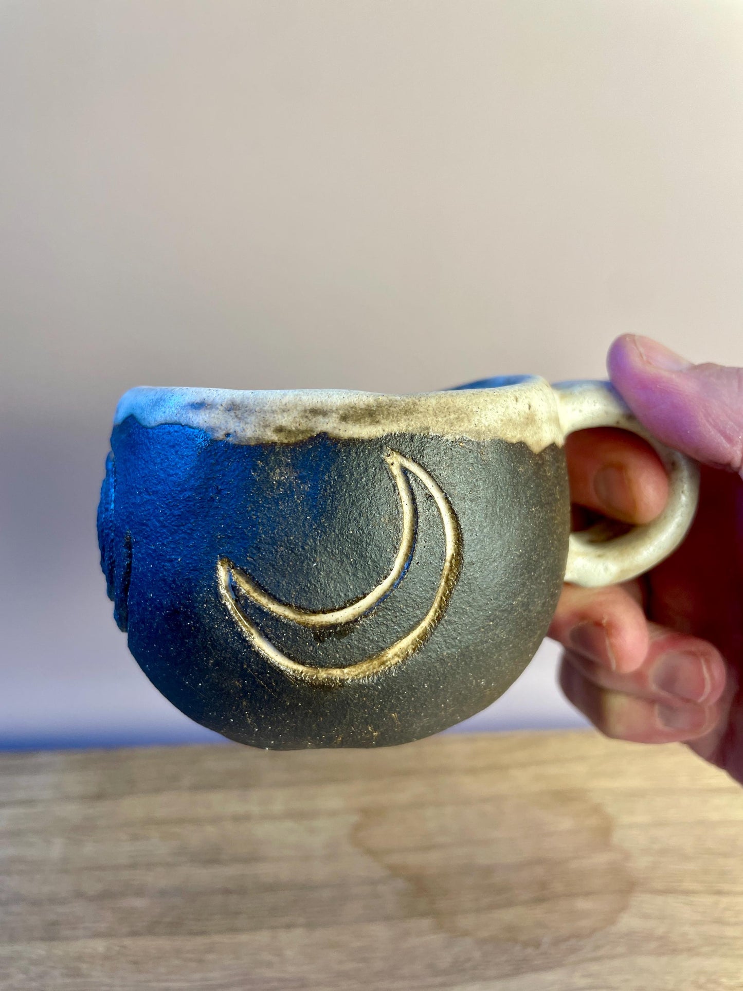Ritual Cycle Mug • Hand-Pinched Ceramic Cup • Sun Spiral Moon Symbols • Dark Clay & Oatmeal Glaze • 6 oz Handmade Pott