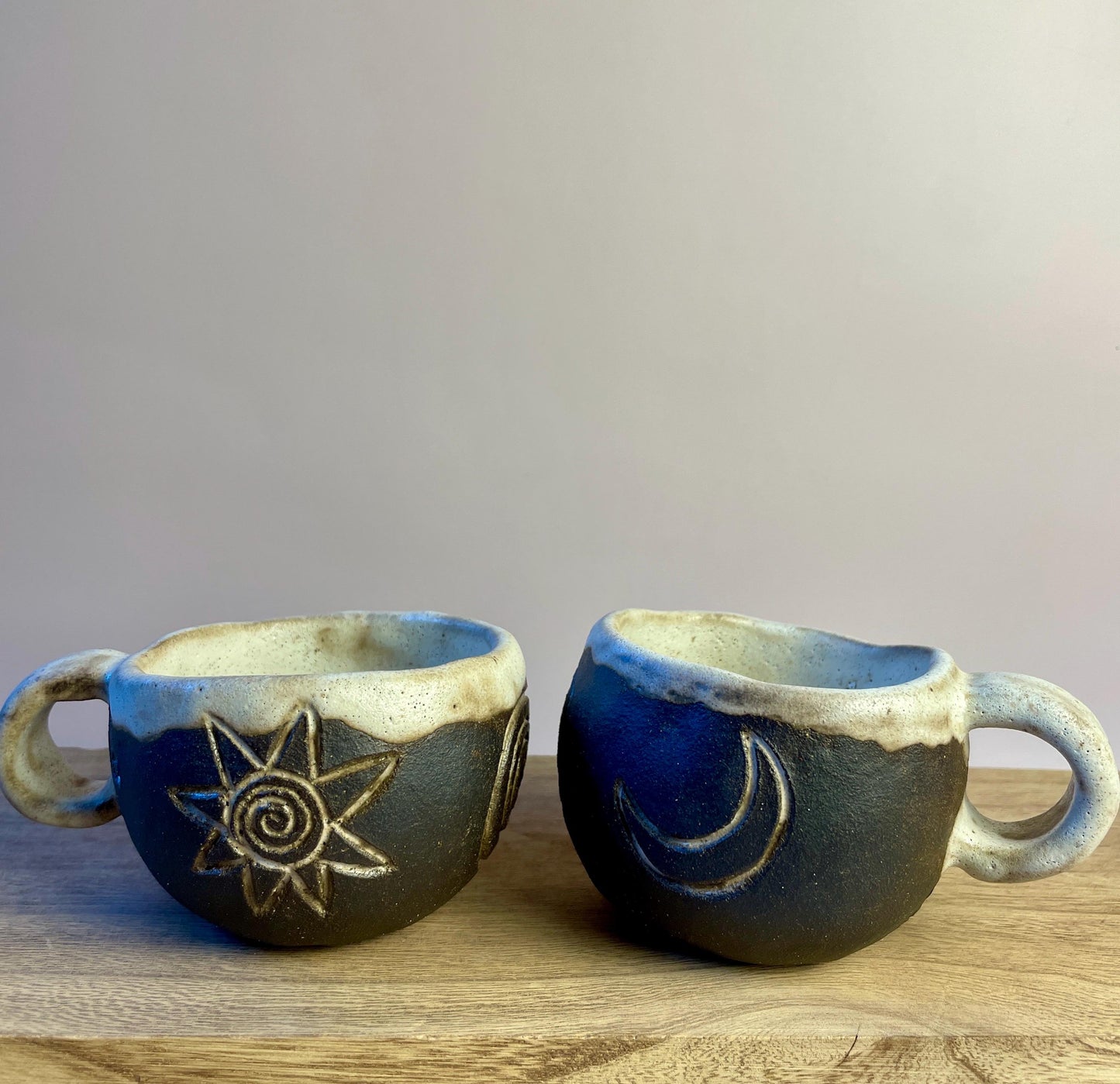 Ritual Cycle Mug • Hand-Pinched Ceramic Cup • Sun Spiral Moon Symbols • Dark Clay & Oatmeal Glaze • 6 oz Handmade Pott