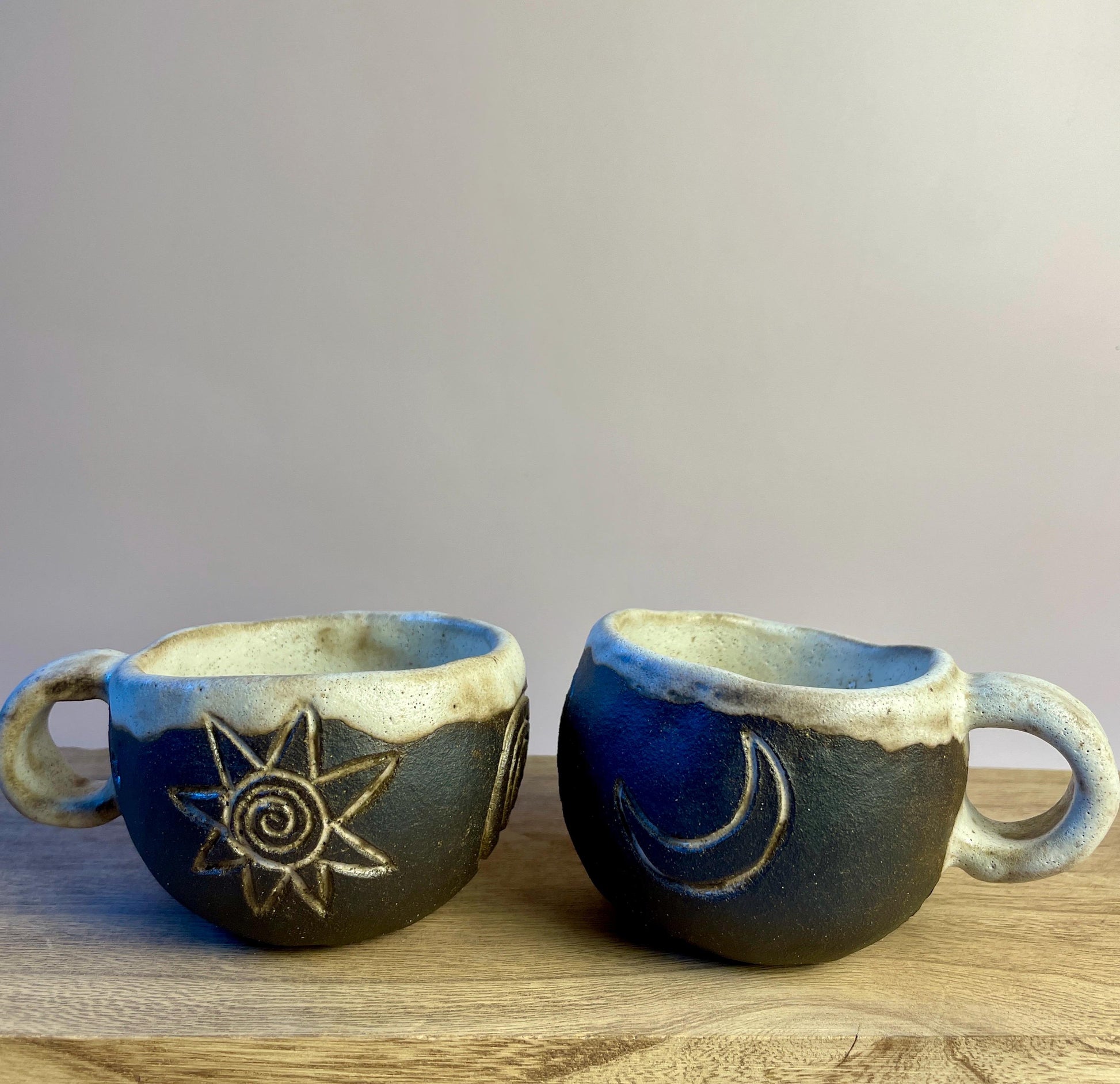 Ritual Cycle Mug • Hand-Pinched Ceramic Cup • Sun Spiral Moon Symbols • Dark Clay & Oatmeal Glaze • 6 oz Handmade Pott