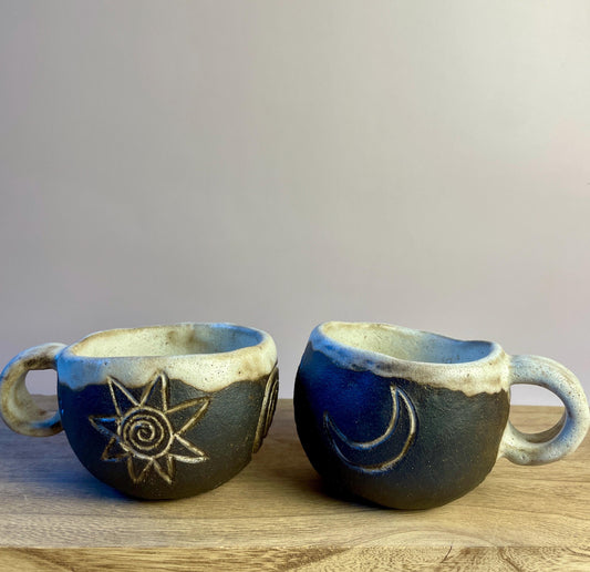 Ritual Cycle Mug • Hand-Pinched Ceramic Cup • Sun Spiral Moon Symbols • Dark Clay & Oatmeal Glaze • 6 oz Handmade Pott