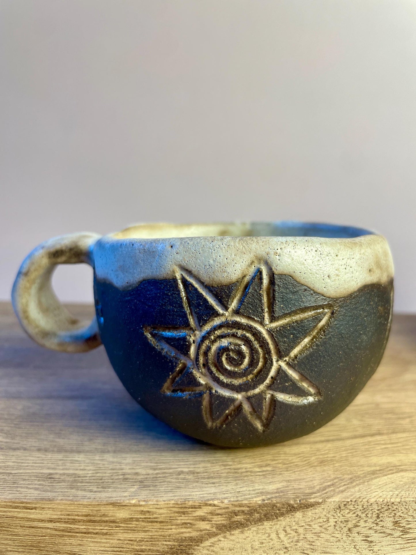Ritual Cycle Mug • Hand-Pinched Ceramic Cup • Sun Spiral Moon Symbols • Dark Clay & Oatmeal Glaze • 6 oz Handmade Pott