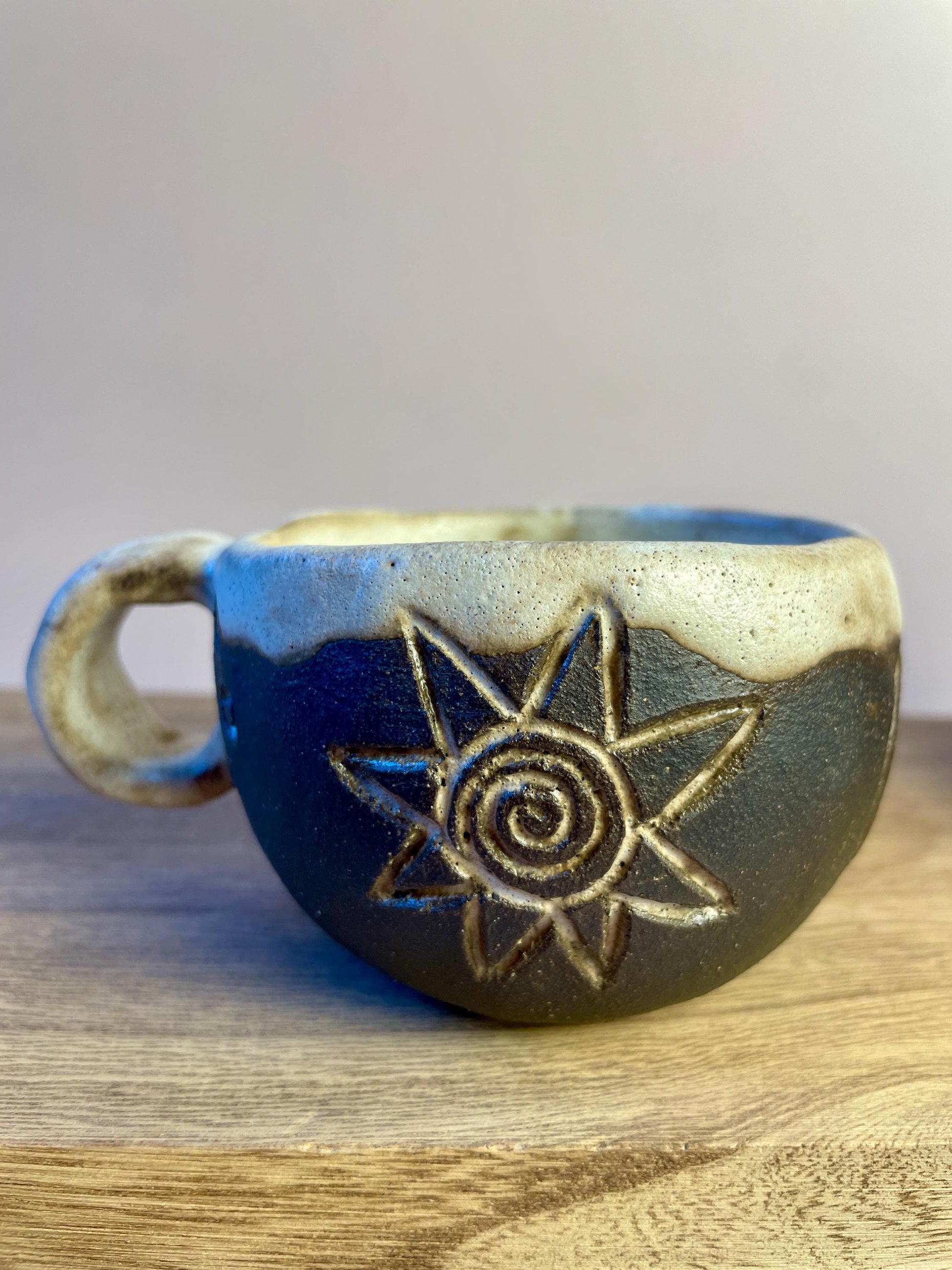 Ritual Cycle Mug • Hand-Pinched Ceramic Cup • Sun Spiral Moon Symbols • Dark Clay & Oatmeal Glaze • 6 oz Handmade Pott