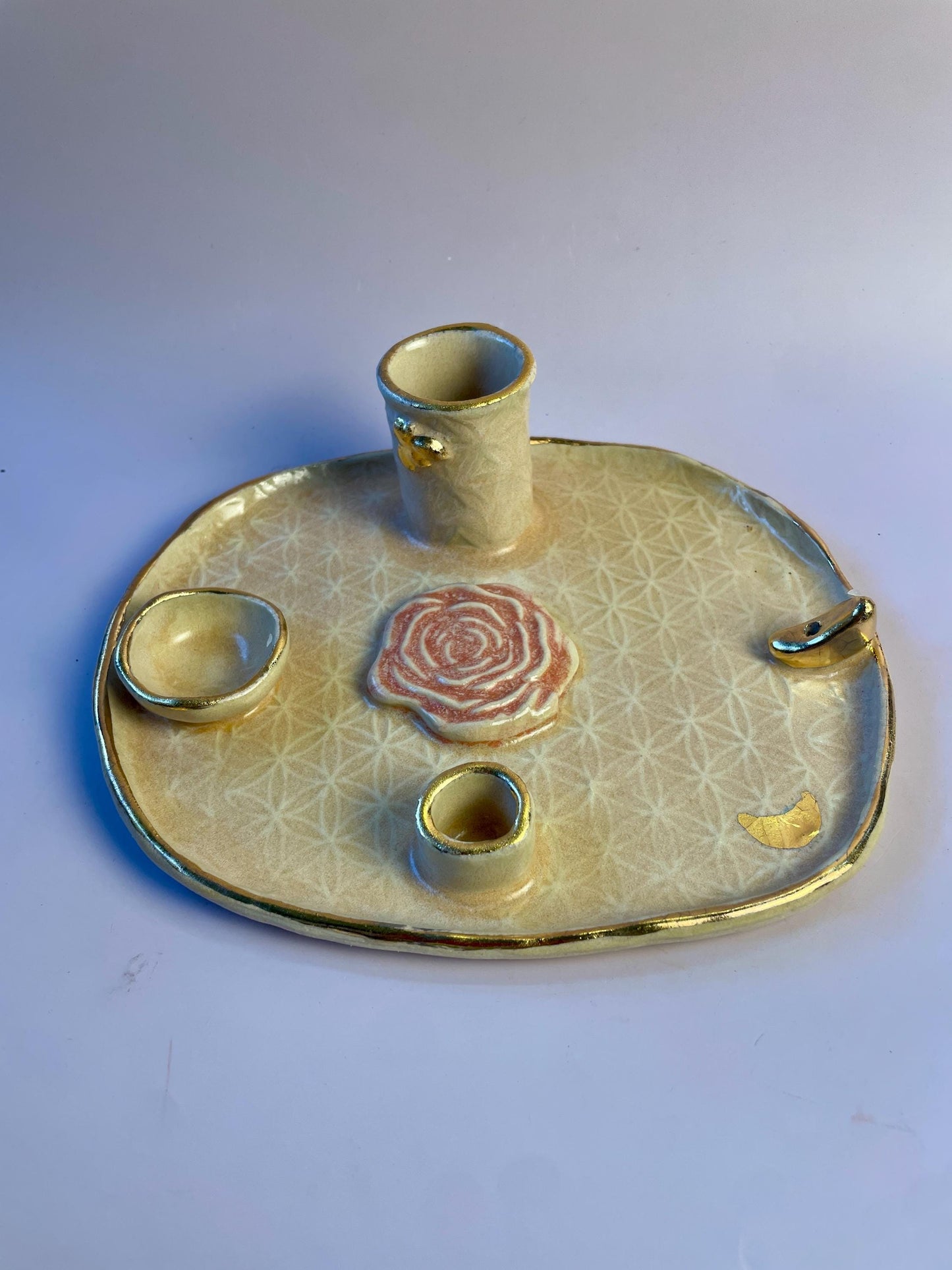 Divine Feminine Ritual Dish – Flower of Life • Gold Luster Moon • Rose Symbol • Bee Vase • Multi-Use Altar Tray (8x7”)