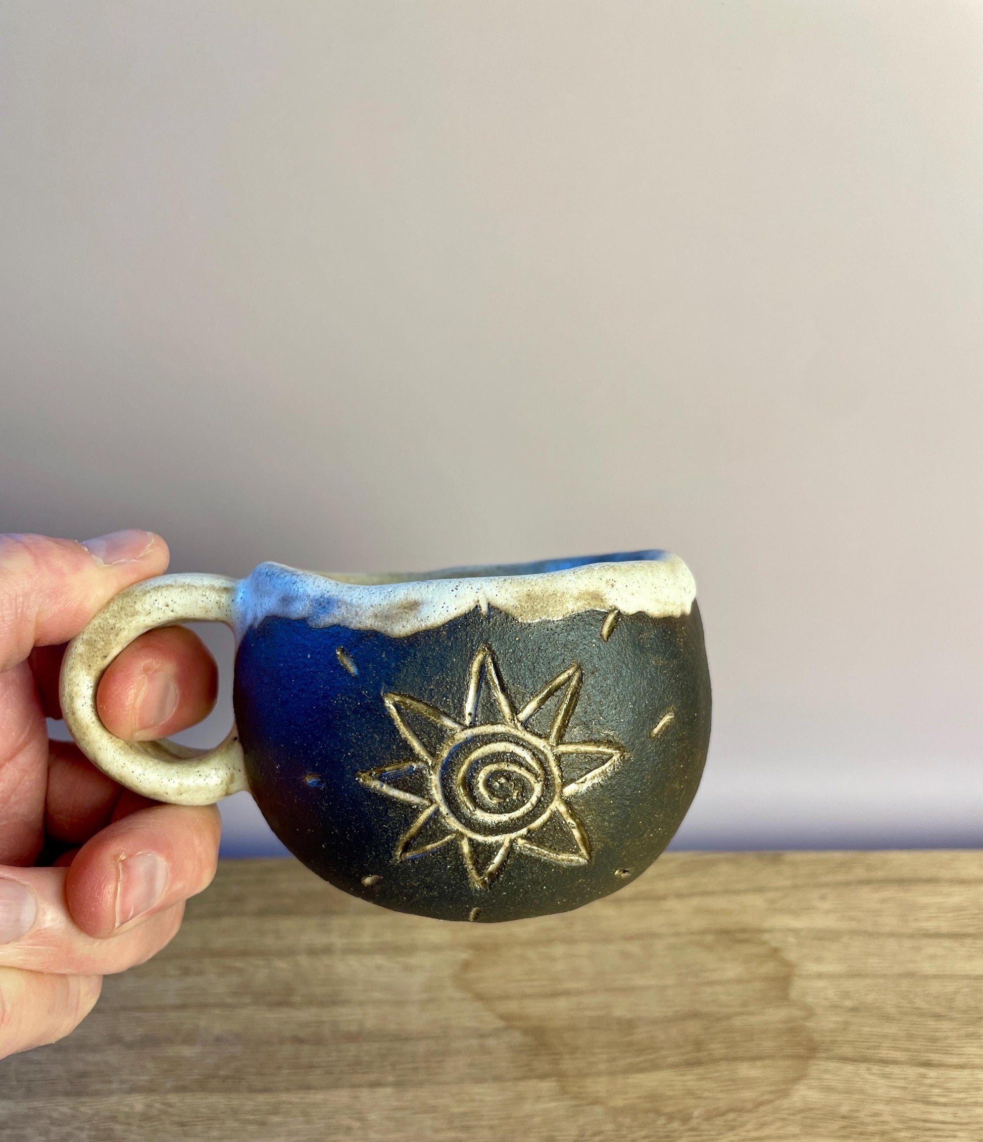 Ritual Cycle Mug • Hand-Pinched Ceramic Cup • Sun Spiral Moon Symbols • Dark Clay & Oatmeal Glaze • 6 oz Handmade Pott