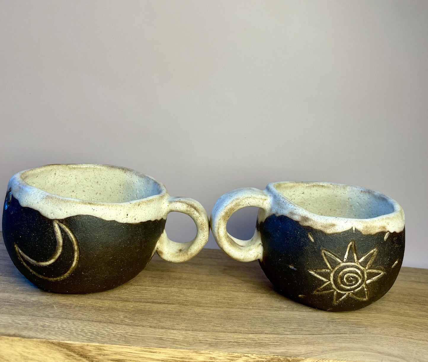 Ritual Cycle Mug • Hand-Pinched Ceramic Cup • Sun Spiral Moon Symbols • Dark Clay & Oatmeal Glaze • 6 oz Handmade Pott