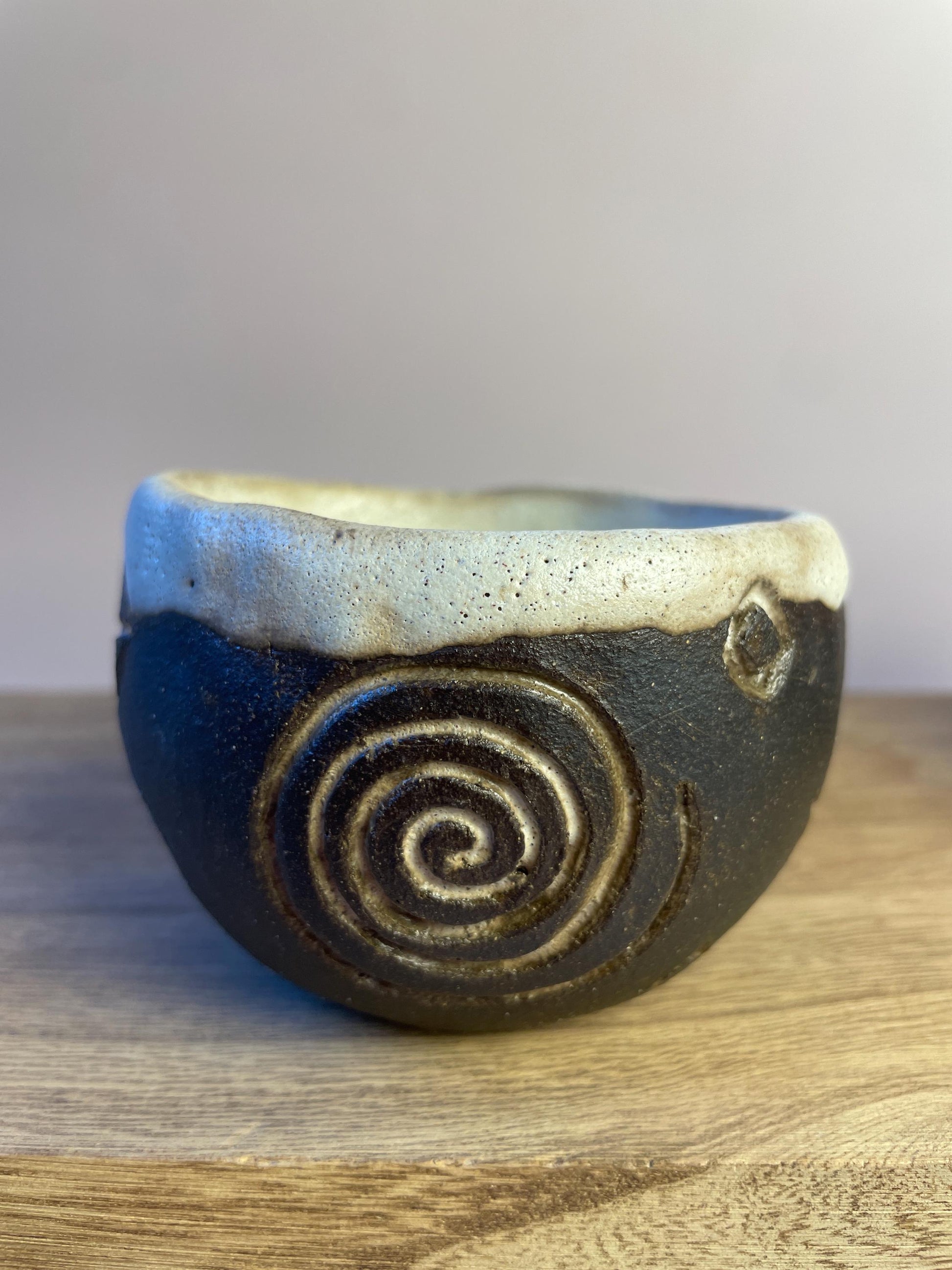 Ritual Cycle Mug • Hand-Pinched Ceramic Cup • Sun Spiral Moon Symbols • Dark Clay & Oatmeal Glaze • 6 oz Handmade Pott