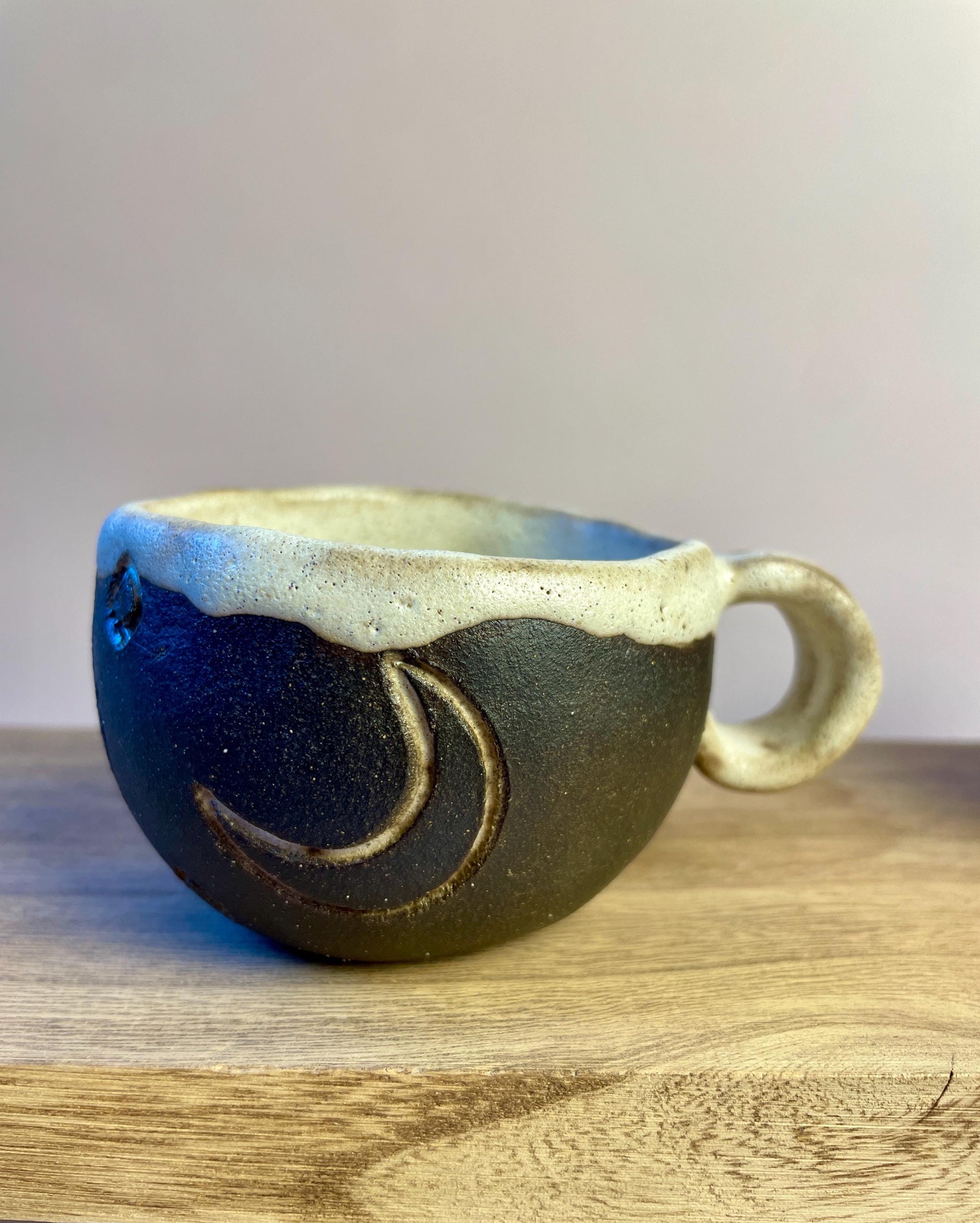 Ritual Cycle Mug • Hand-Pinched Ceramic Cup • Sun Spiral Moon Symbols • Dark Clay & Oatmeal Glaze • 6 oz Handmade Pott