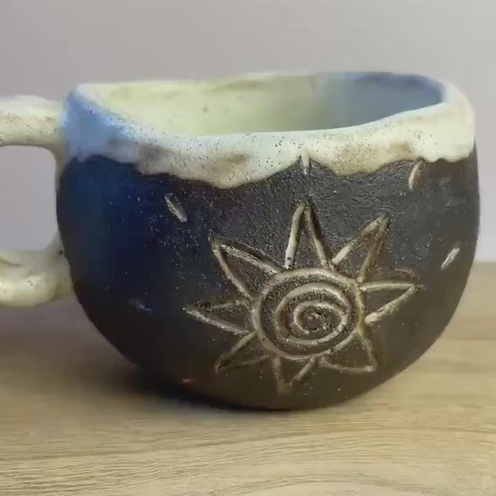 Ritual Cycle Mug • Hand-Pinched Ceramic Cup • Sun Spiral Moon Symbols • Dark Clay & Oatmeal Glaze • 6 oz Handmade Pott