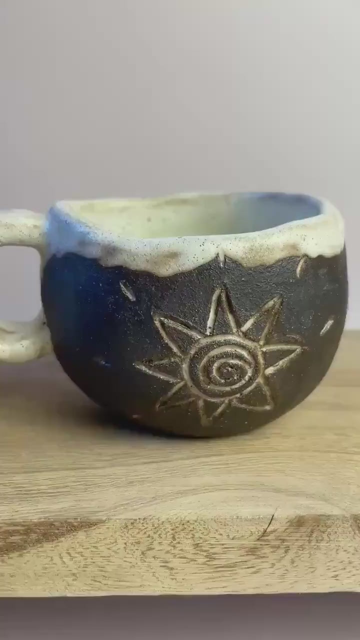 Ritual Cycle Mug • Hand-Pinched Ceramic Cup • Sun Spiral Moon Symbols • Dark Clay & Oatmeal Glaze • 6 oz Handmade Pott