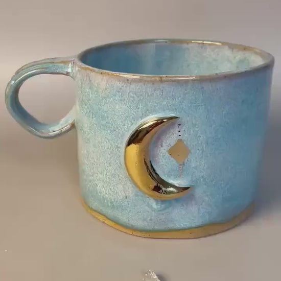 Handmade extra large light blue gold moon mug