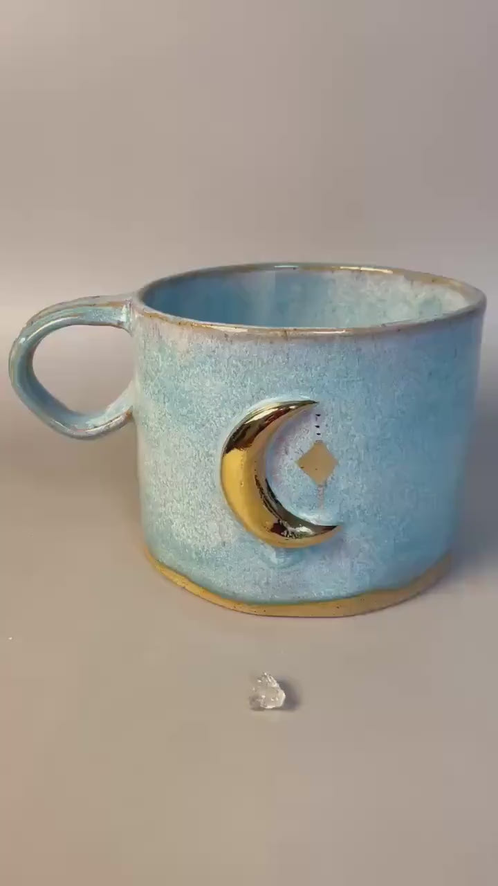 Handmade extra large light blue gold moon mug