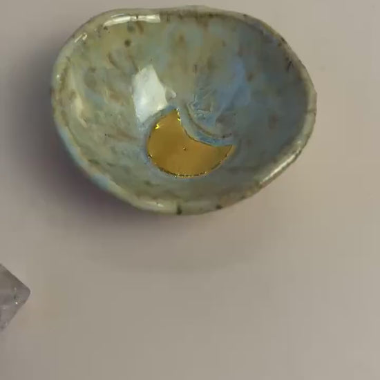 Tiny Ritual Moon Bowl – Blue Crystalline Glaze with Gold Luster Crescent Moon