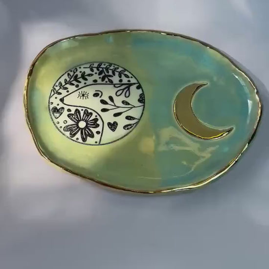 Handmade Ceramic Dish  Bear and Crescent Moon Design with Gold Luster | Ritual Jewelry Dish or Decorative Art