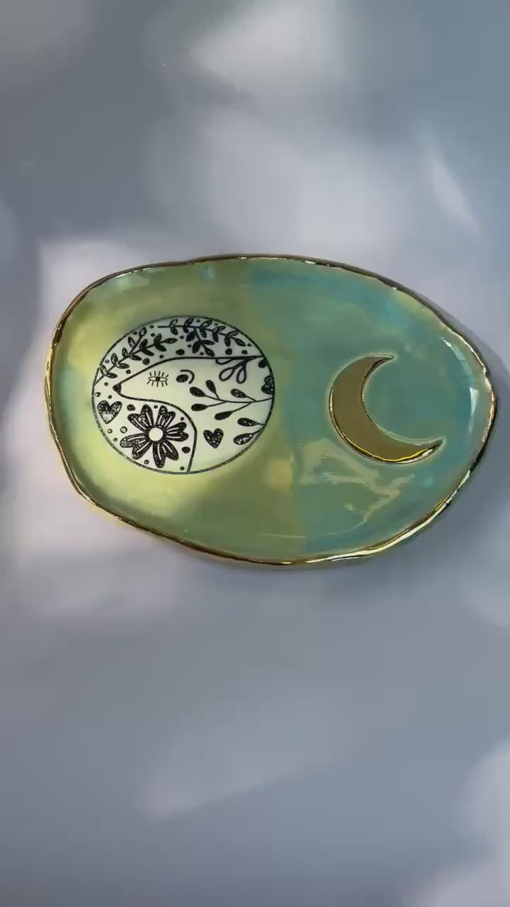 Handmade Ceramic Dish  Bear and Crescent Moon Design with Gold Luster | Ritual Jewelry Dish or Decorative Art