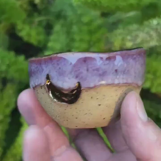 Small Pinched Moon Bowl – Pink Glaze with Gold Crescent Moons