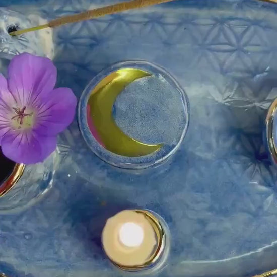 Four-Element Ritual Dish – Blue/Gold Ceramic Altar Bowl with Flower of Life and Crescent Moon