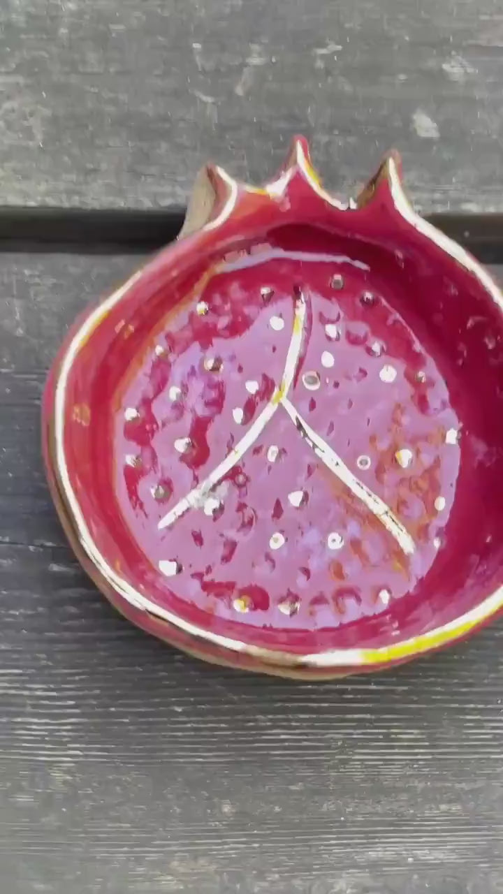 Sacred Pomegranate Offering Bowl — Hand-Pinched Honey Clay with Gold Luster Rim and Seeds