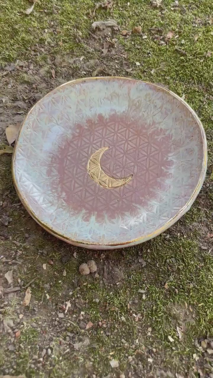 Handmade ceramic lavender/sea glass flower of life gold crescent moon dish