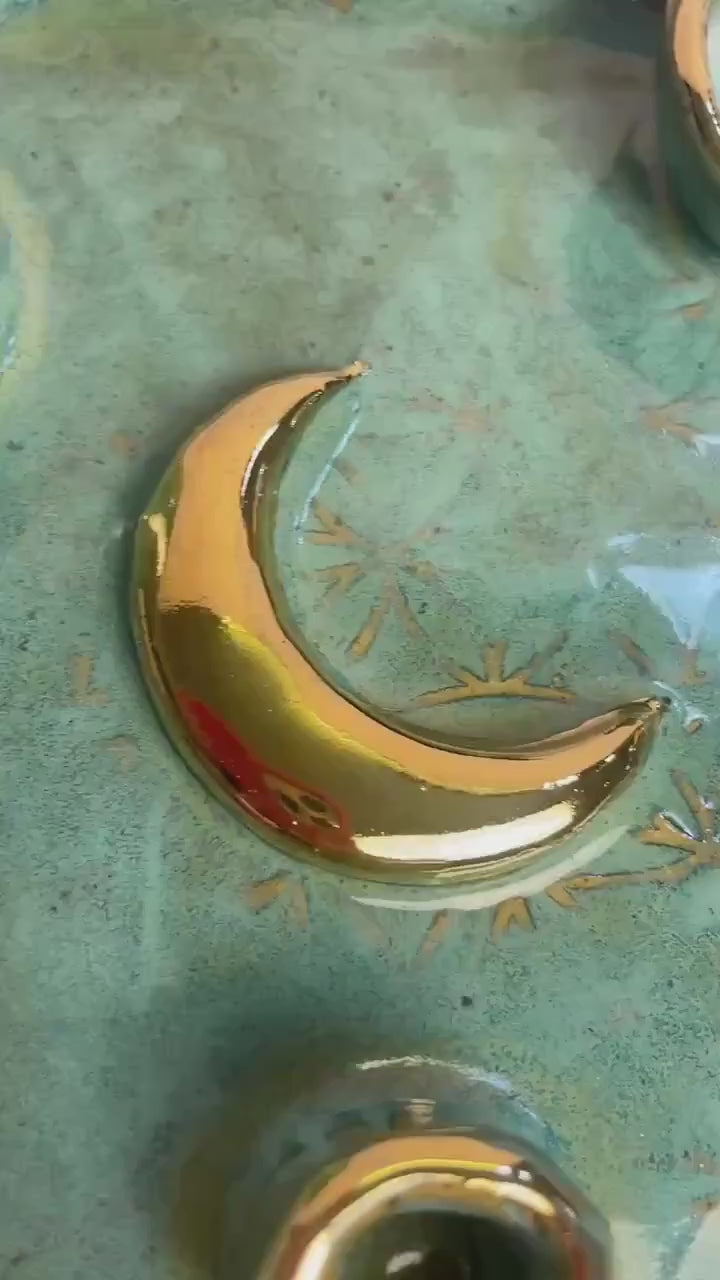 Four-Element Ritual Dish with Gold Moon — Flower of Life Design