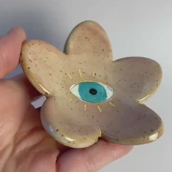 Flower Eye Trinket Dish – Pink Ceramic Blossom with Turquoise Eye and Gold Luster Rays | Hand-Built Honey Clay Dish