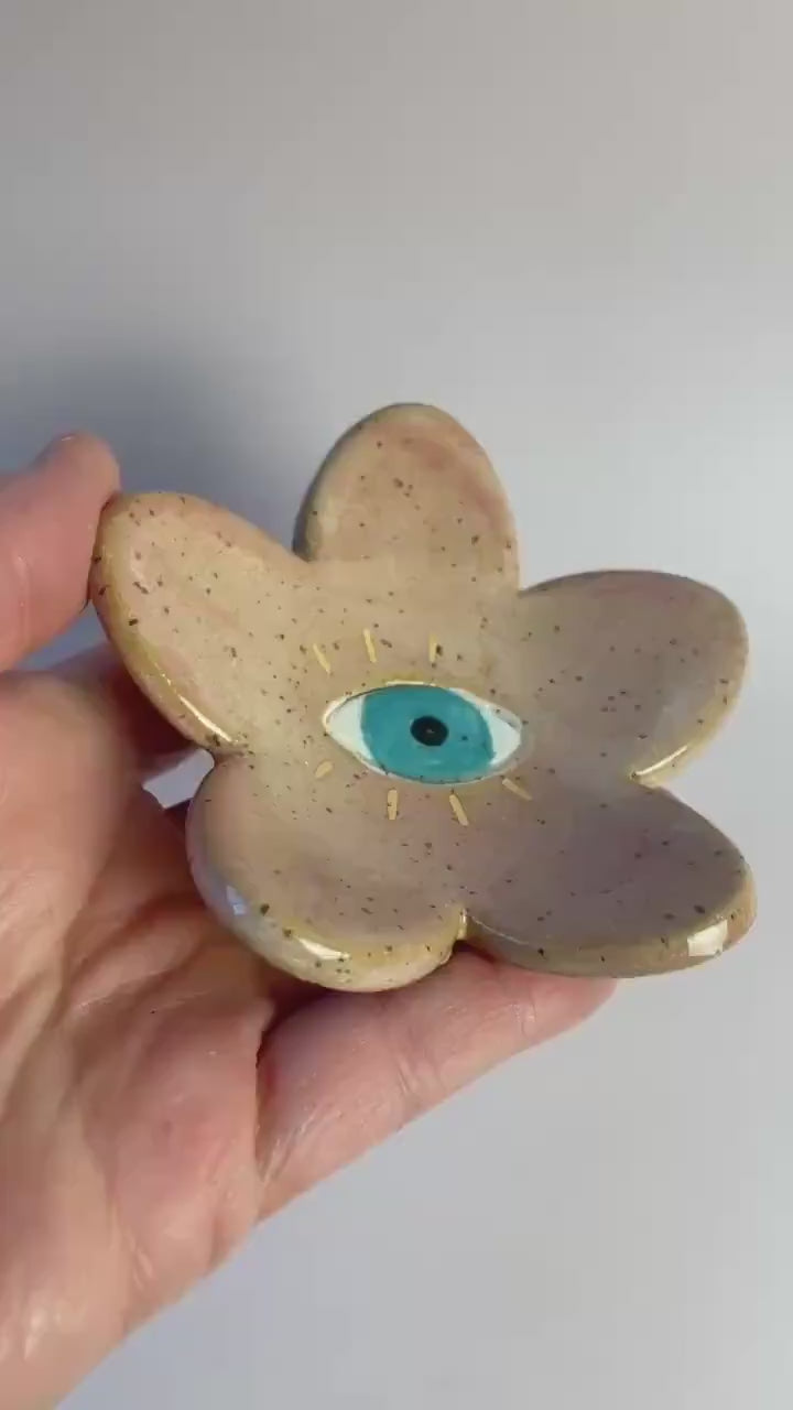 Flower Eye Trinket Dish – Pink Ceramic Blossom with Turquoise Eye and Gold Luster Rays | Hand-Built Honey Clay Dish