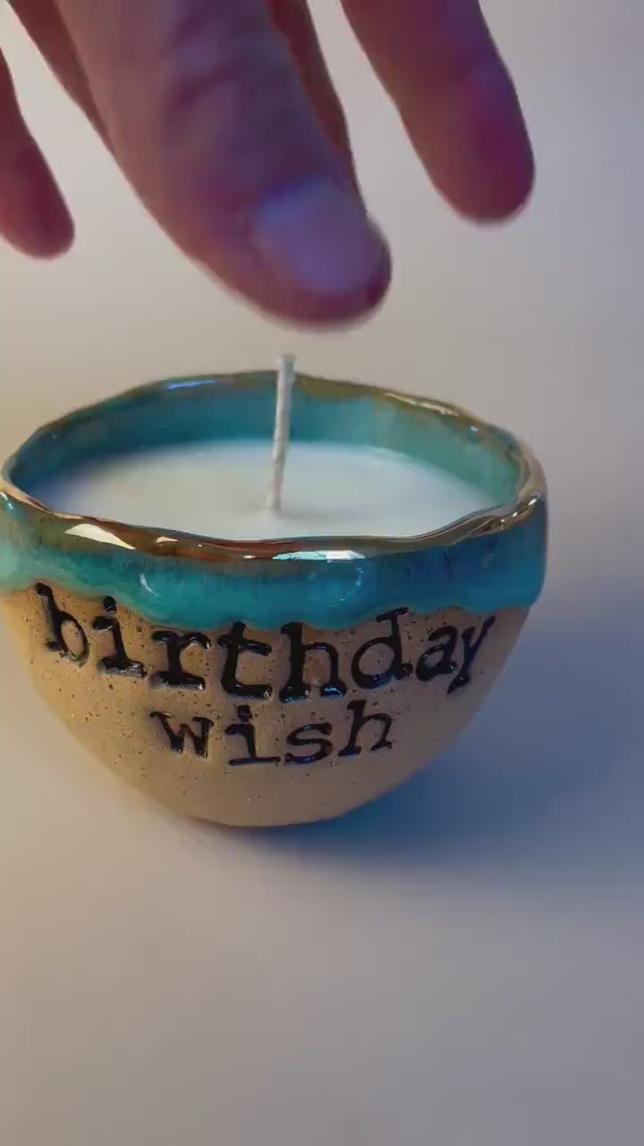 Handmade ceramic turquoise Birthday Wish candle with wish ritual