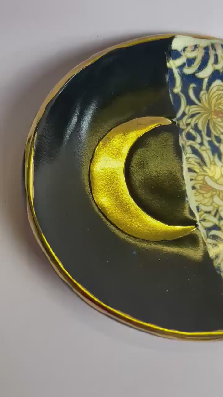 Moon and Flower Ceramic Trinket Dish – Black Gloss Glaze with Gold Luster Crescent – Ritual and Decorative Art
