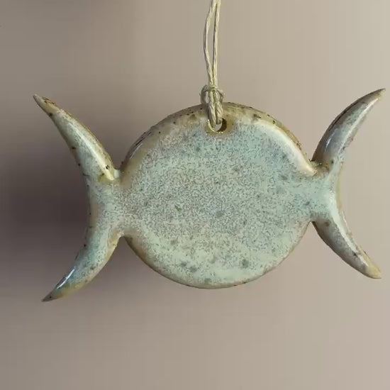 Triple Goddess Ornament – Pearl Aqua Lavender Glaze with Honey Clay Bead | Handcrafted Lunar Symbol Hanging | Celestial Feminine Decor