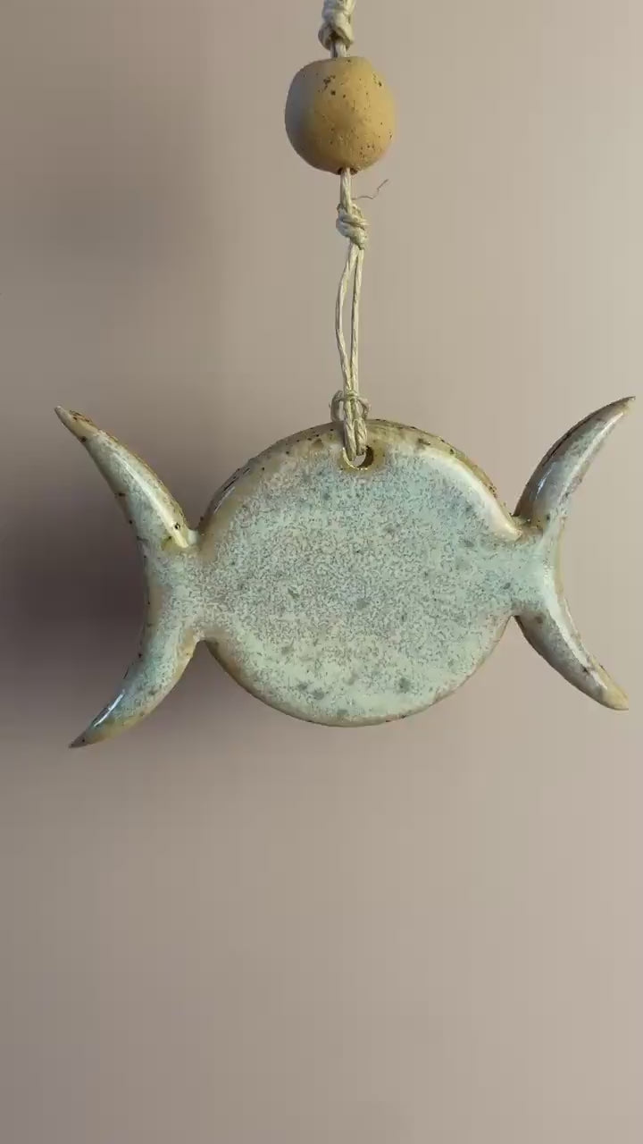 Triple Goddess Ornament – Pearl Aqua Lavender Glaze with Honey Clay Bead | Handcrafted Lunar Symbol Hanging | Celestial Feminine Decor