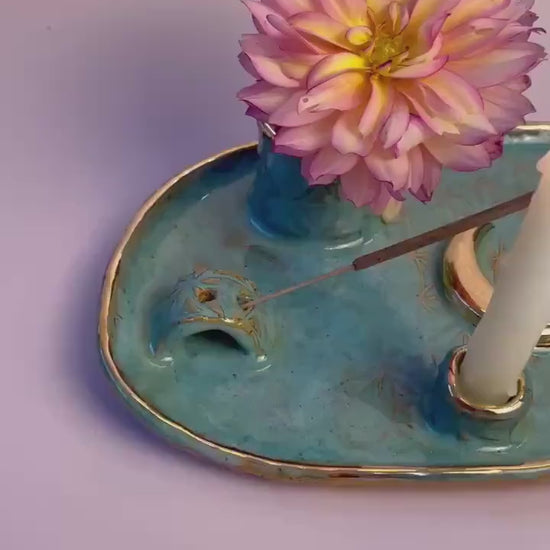 Four Element handmade ceramic Ritual Dish with Gold Crescent Moon