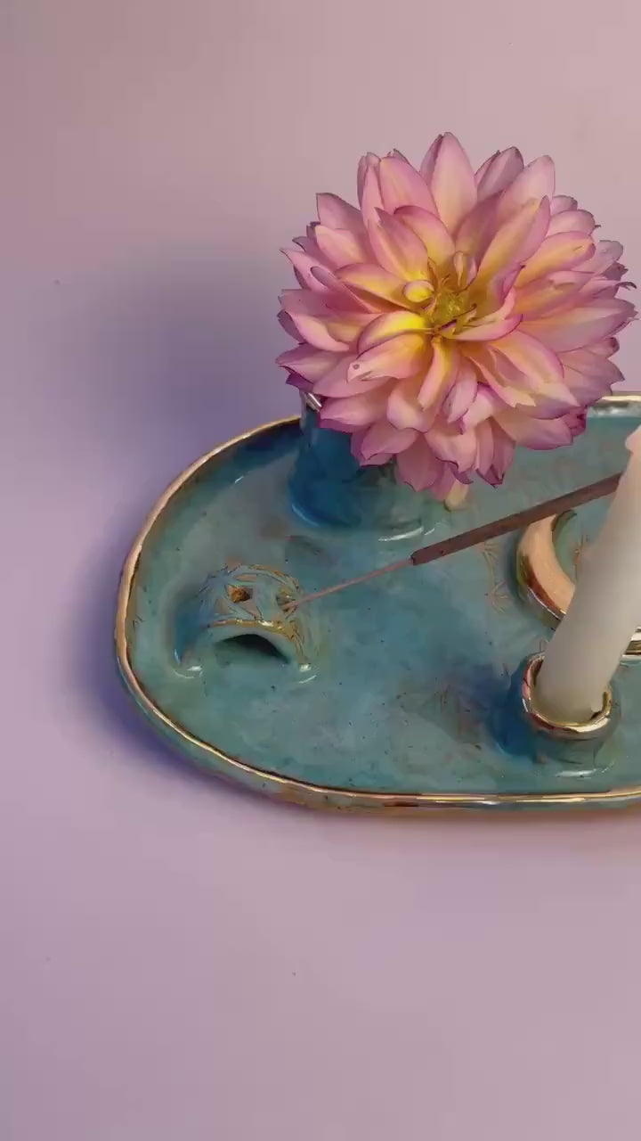 Four Element handmade ceramic Ritual Dish with Gold Crescent Moon