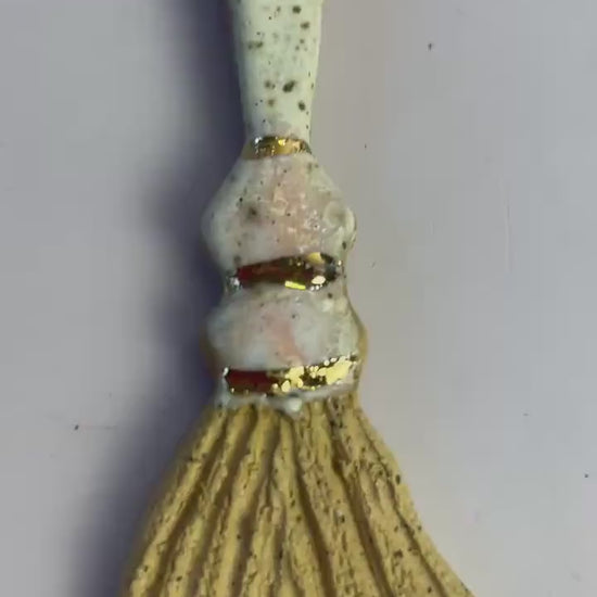Ceramic Broom Ornament – White & Ice Pink Glaze with Gold Luster | Handcrafted Honey Clay Besom | Hearth and Home Cleansing Charm