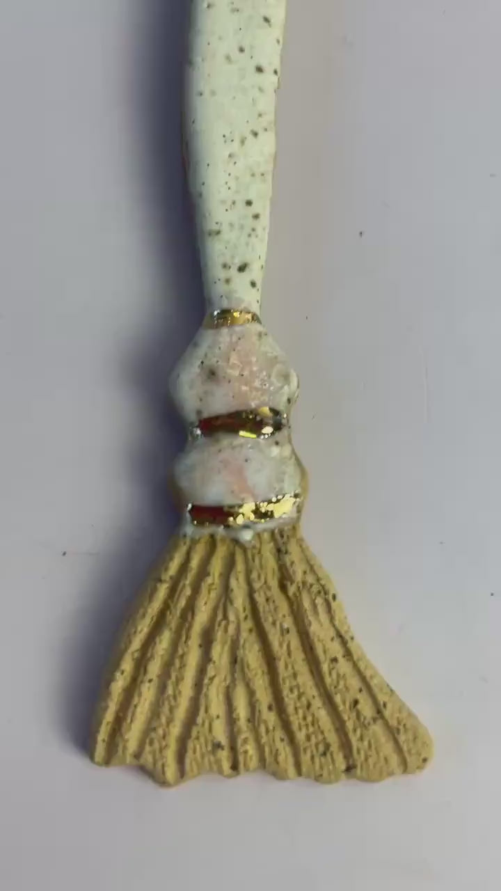 Ceramic Broom Ornament – White & Ice Pink Glaze with Gold Luster | Handcrafted Honey Clay Besom | Hearth and Home Cleansing Charm