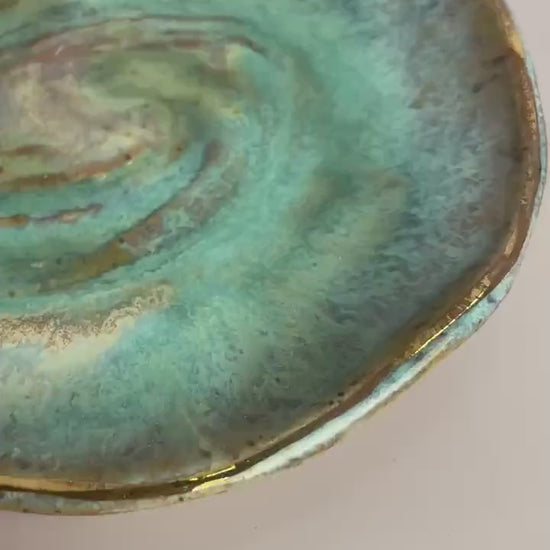 Galaxy Swirl Trinket Dish — Crystal Charging and Altar Bowl in Icy Lavender Blue and Emerald Glaze
