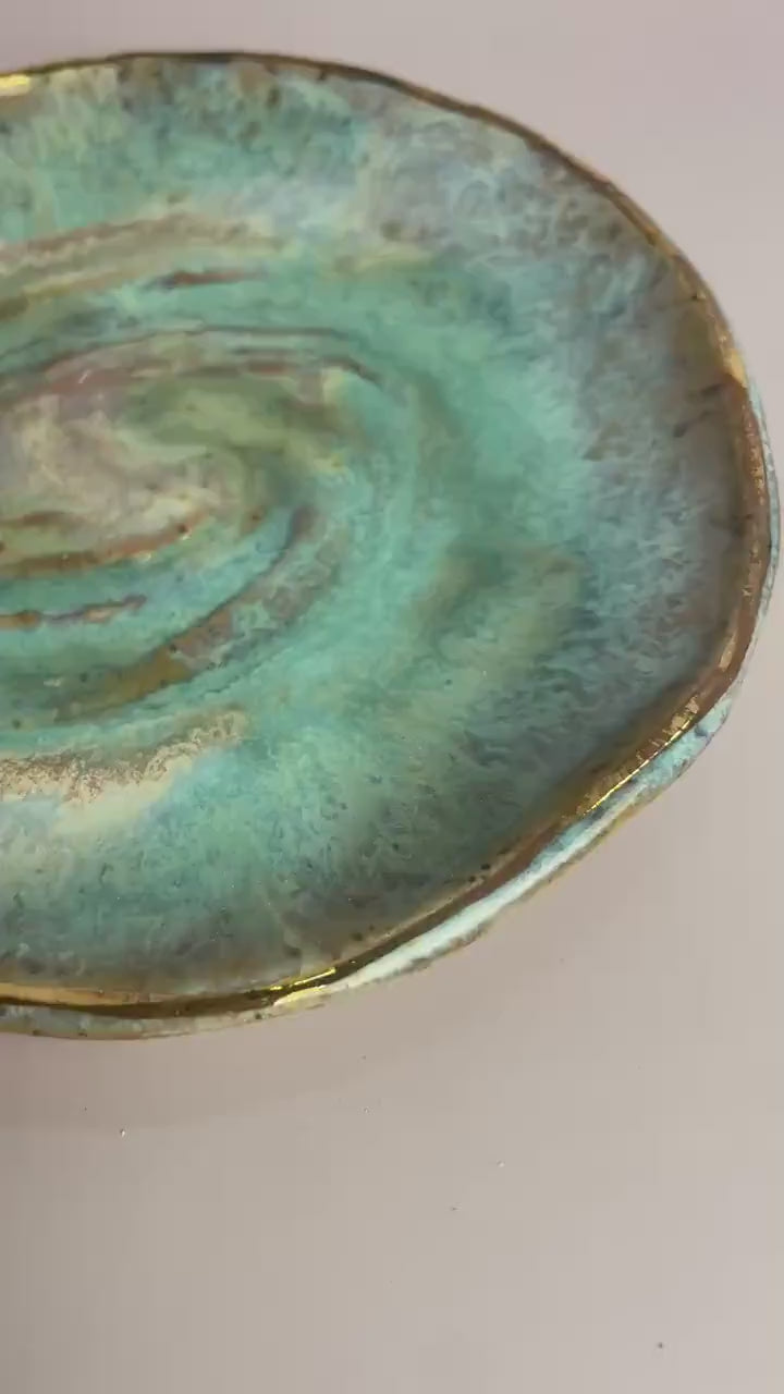 Galaxy Swirl Trinket Dish — Crystal Charging and Altar Bowl in Icy Lavender Blue and Emerald Glaze