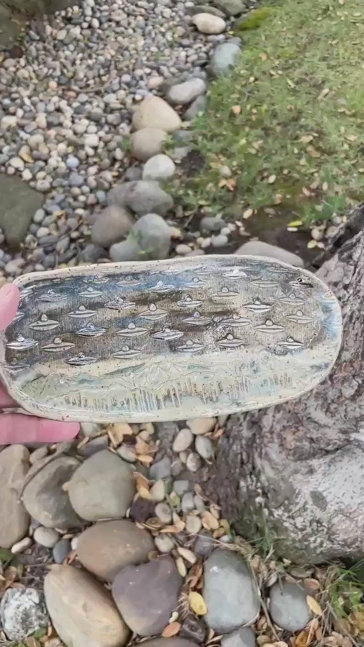UFO Over the Mountains Ceramic Trinket Dish – Hand-Built Pottery Tray with White Gold Luster | Cosmic Landscape Art | Alien Spaceship Design