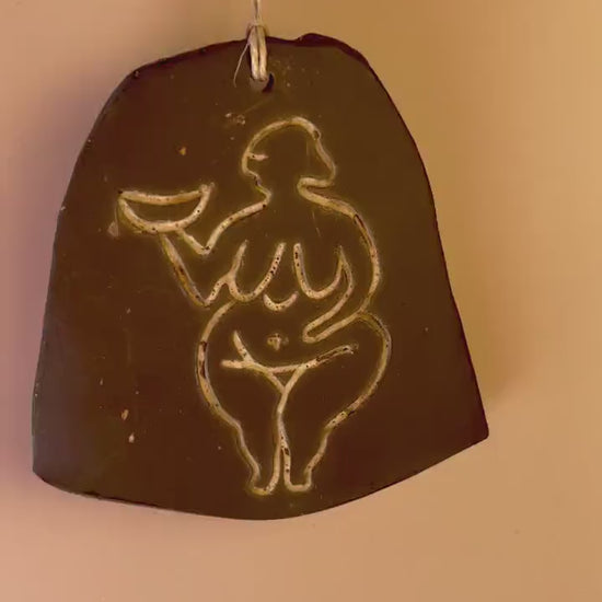Neolithic Moon Goddess Talisman – Crescent Moon Clay Amulet with Spiral Bead