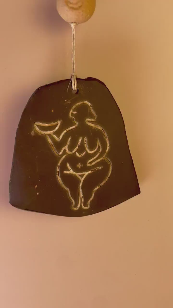 Neolithic Moon Goddess Talisman – Crescent Moon Clay Amulet with Spiral Bead