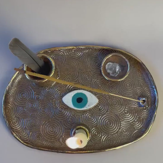 Four Element Ritual Dish with Protective Eye & Concentric Circles – Bronze + Gold Altar Tray for Elemental Balance