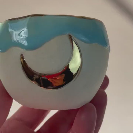 Handmade ceramic aqua gold crescent moon cup