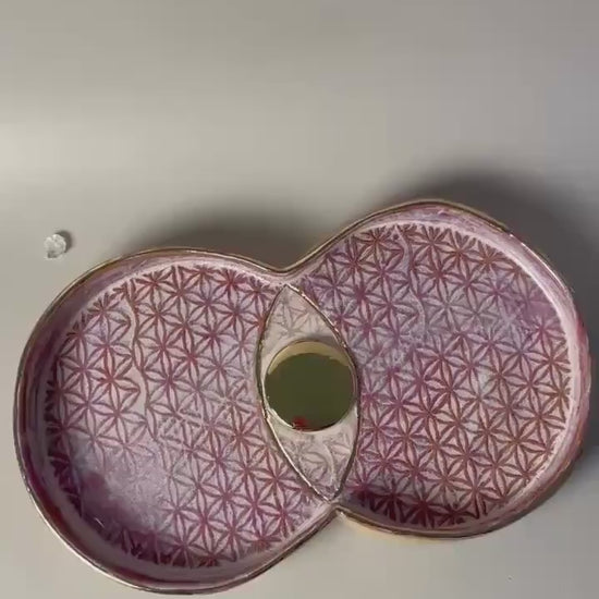 Vesica Piscis Handmade Ceramic Ritual Dish with Flower of Life Imprint – Gold with Lavender and Raspberry