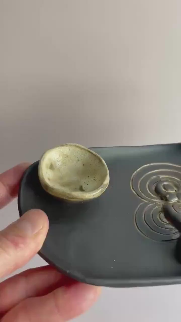 Four Elements Ritual Dish | Goddess & Spiral Imagery | Hand-Carved Ceramic Altar Piece | Dark Clay with Oatmeal Glaze