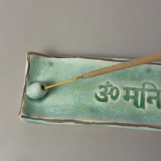 Handmade Om Mani Padme Hum green Ceramic Incense Holder