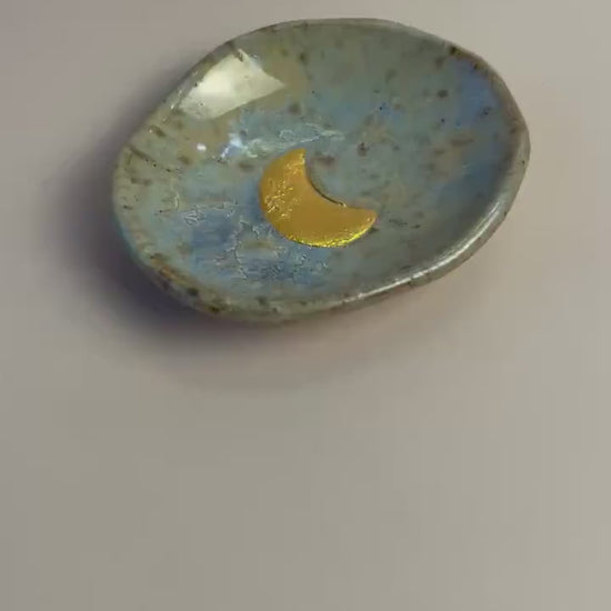Mini Ritual Moon Dish – Sea Glass Crystalline Glaze with Gold Luster Crescent Moon