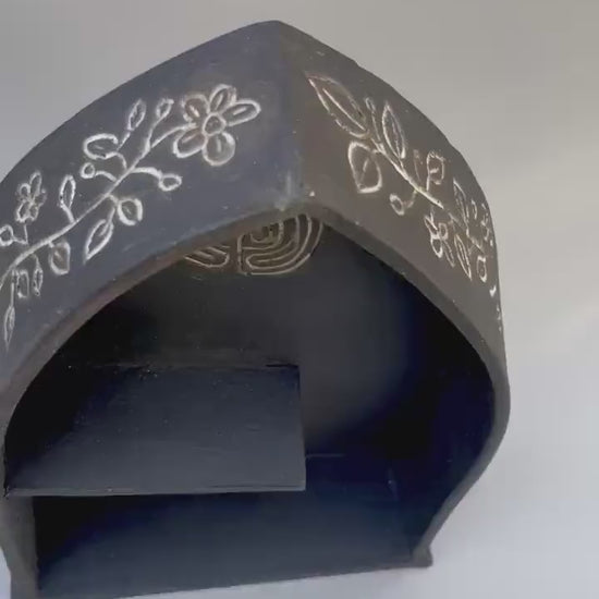 Handmade ceramic Labyrinth and moon phase dark altar shelf with Avalon inspired carvings