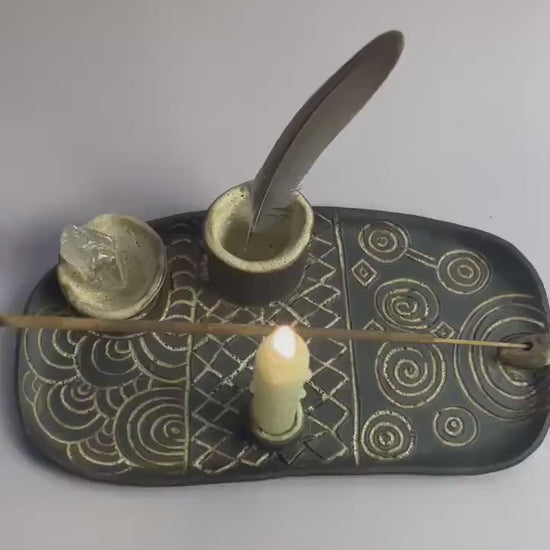 Four Elements Ritual Dish | Hand-Carved Ceramic Altar Set | Inspired by Neolithic Spirals and Goddess Culture | Gavrinis  Newgrange Symbol