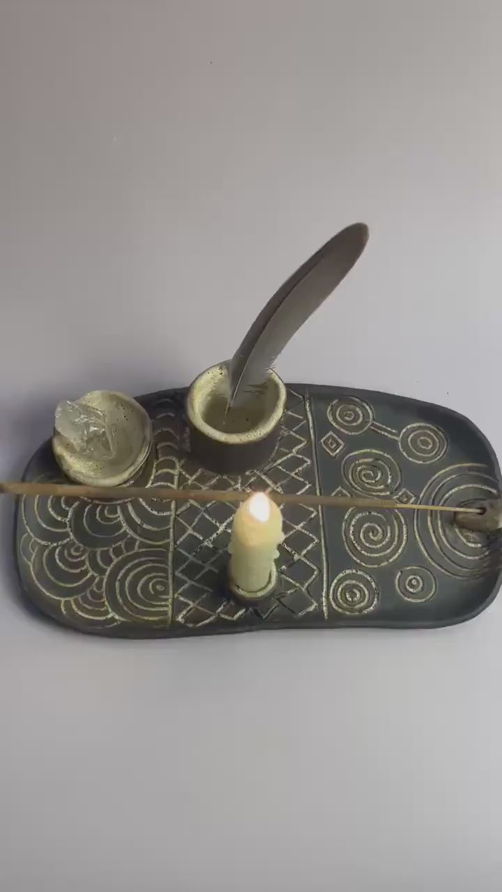 Four Elements Ritual Dish | Hand-Carved Ceramic Altar Set | Inspired by Neolithic Spirals and Goddess Culture | Gavrinis  Newgrange Symbol