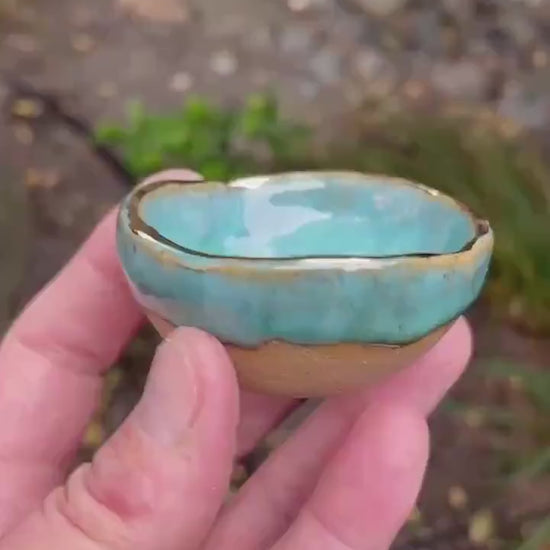 Turquoise Crescent Moon Bowl – Hand-Pinched Ceramic Dish with Gold Luster Rim | Mini Altar or Jewelry Dish | Celestial Pottery Gift