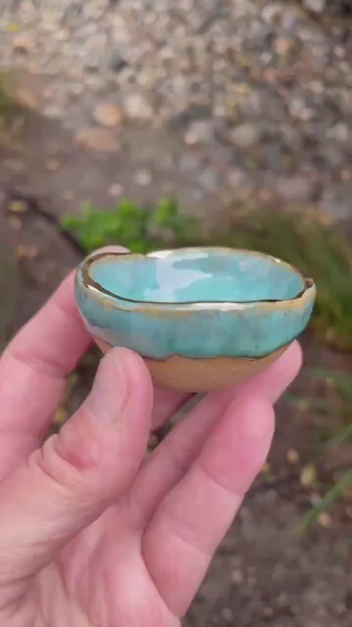 Turquoise Crescent Moon Bowl – Hand-Pinched Ceramic Dish with Gold Luster Rim | Mini Altar or Jewelry Dish | Celestial Pottery Gift